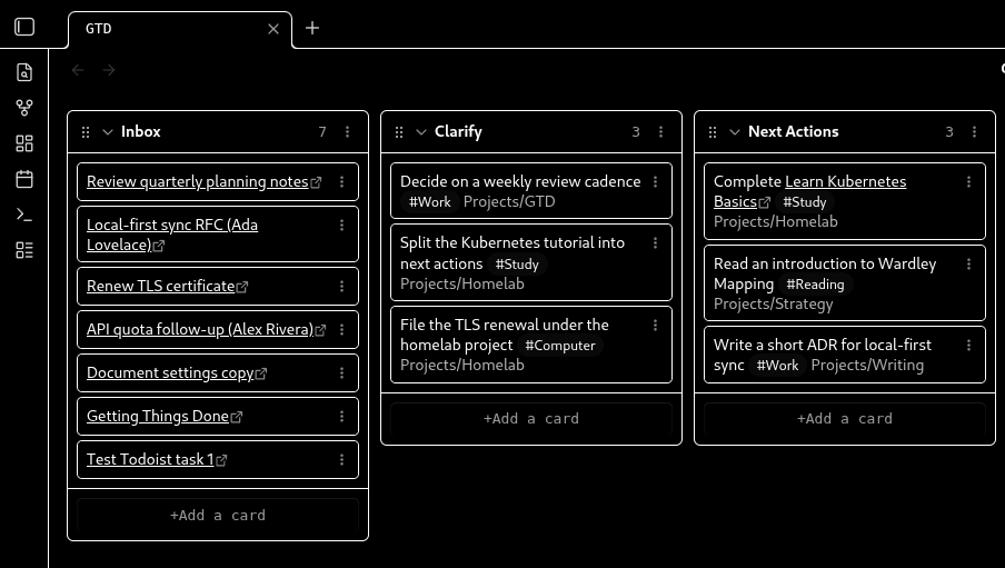 Obsidian Kanban board with Inbox, Capture, and Next Actions columns filled by Syncer.